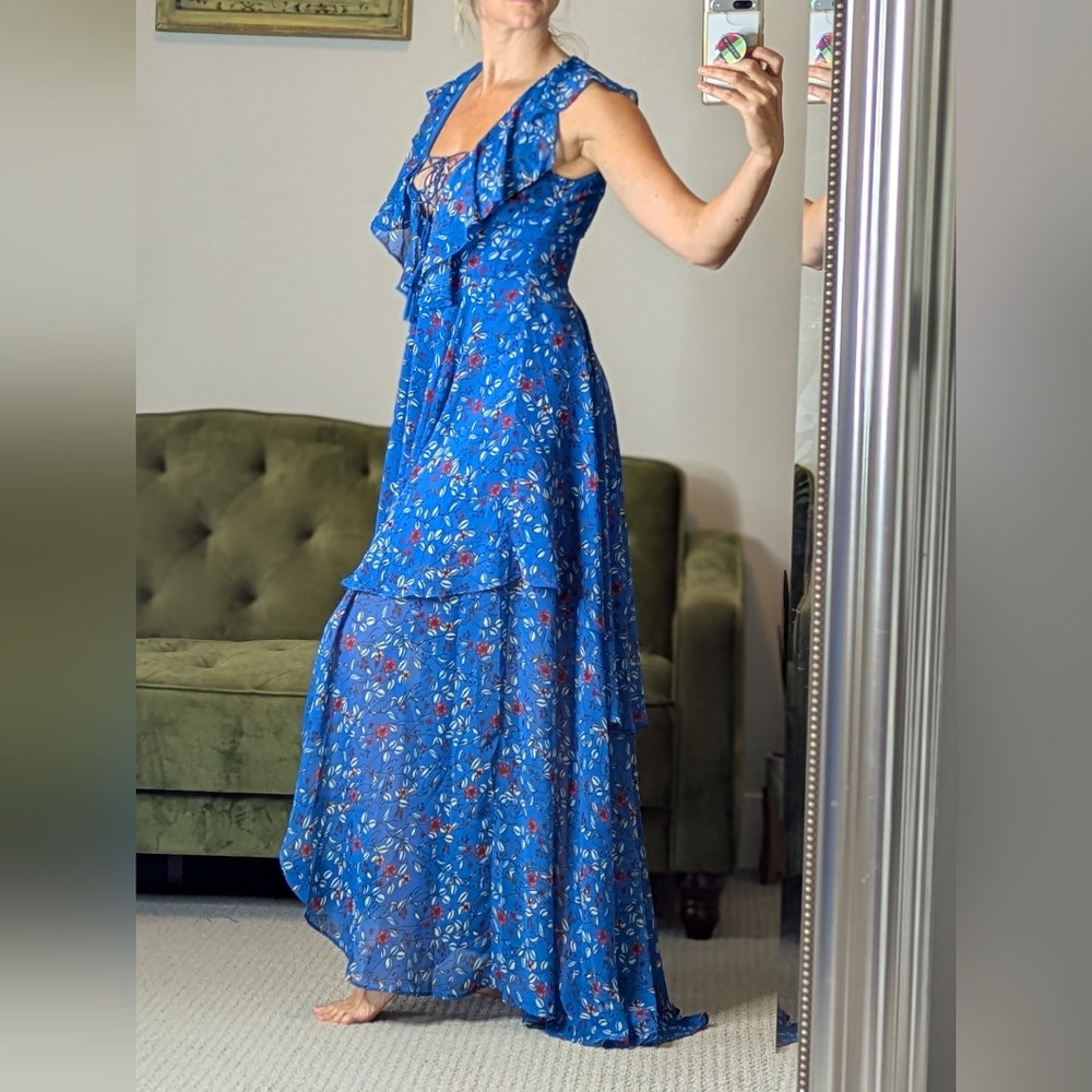 Lulu's Floral Ruffle Hi-Lo Dress Size XS Blue Vacation - Picture 9 of 13